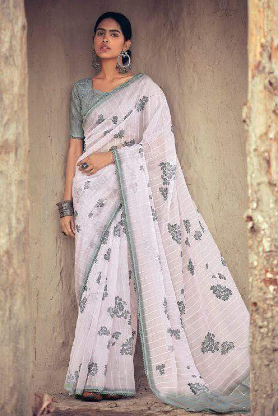 Star White Floral Organza Saree