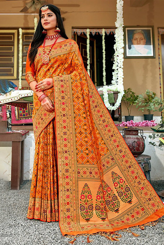 Blazing Orange Woven Banarasi Patola Silk Saree