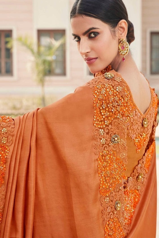 Coral Orange Designer Satin Georgette Saree With Embroidered Blouse