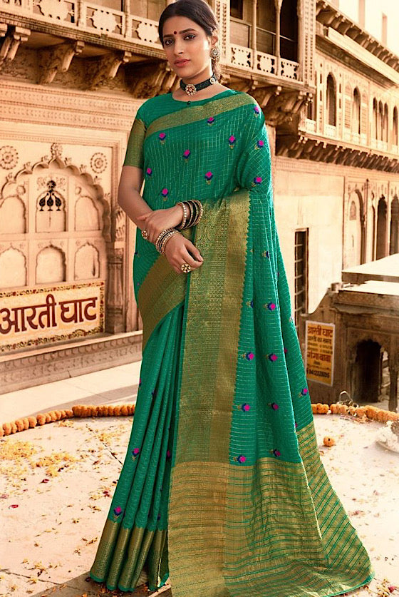 Peacock Green Banarasi Chanderi Woven Silk Saree With All Over Embroidery Buttas