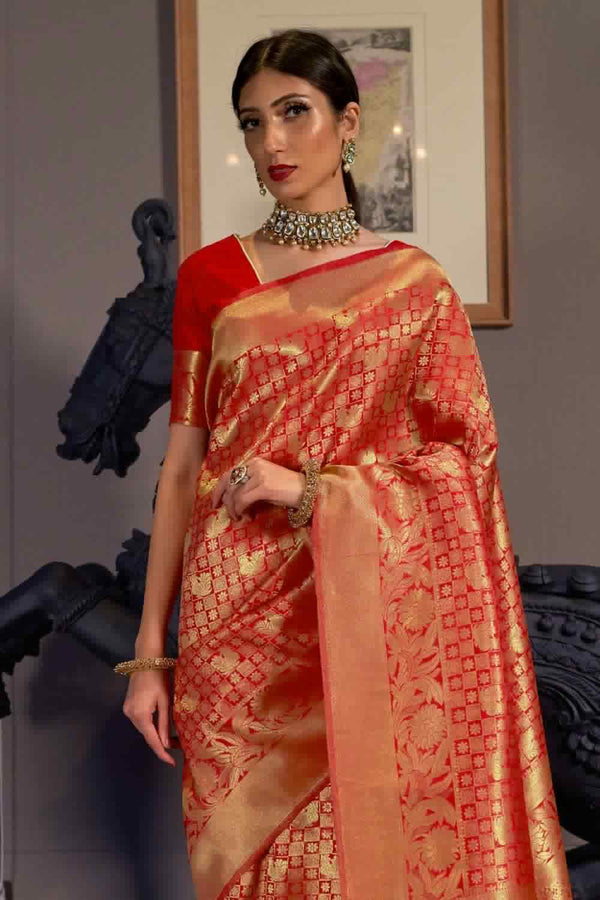 Tomato Red Kanjivaram Silk Saree