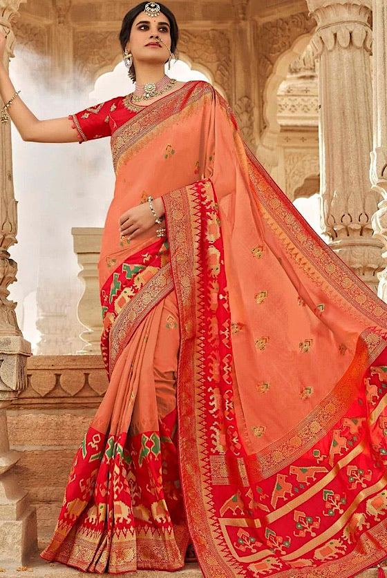 Coral Pink Zari Woven Banarasi Saree With Embroidered Blouse