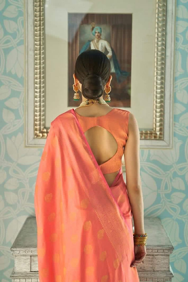 Peach Pink Zari Woven Banarasi saree