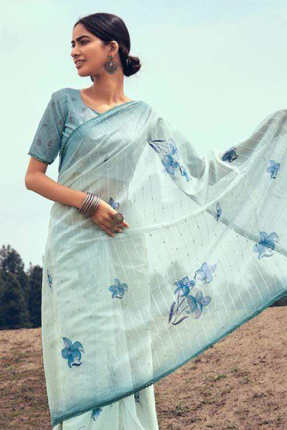 Icy Blue Floral Organza Saree