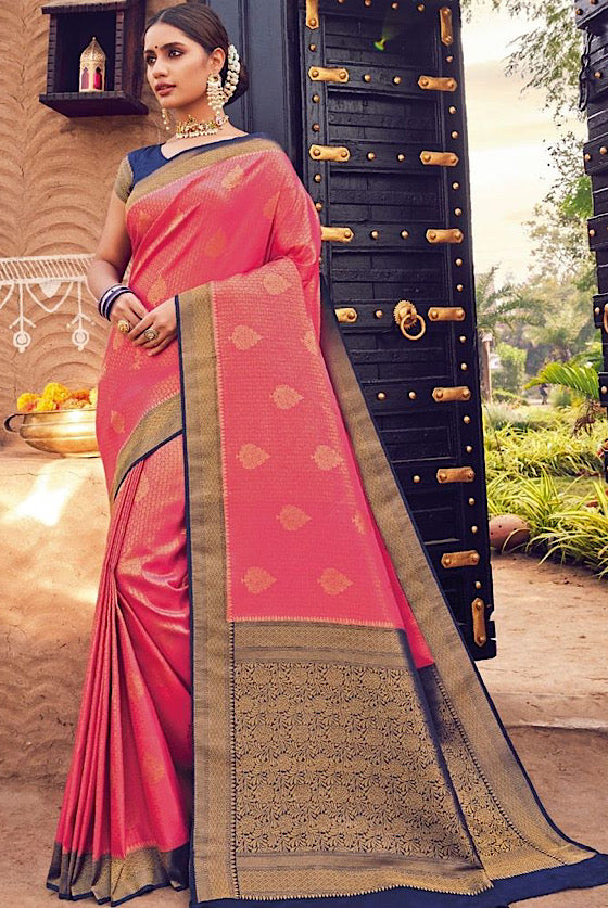 Blush Pink With Blue Woven Kanjivaram Silk Saree