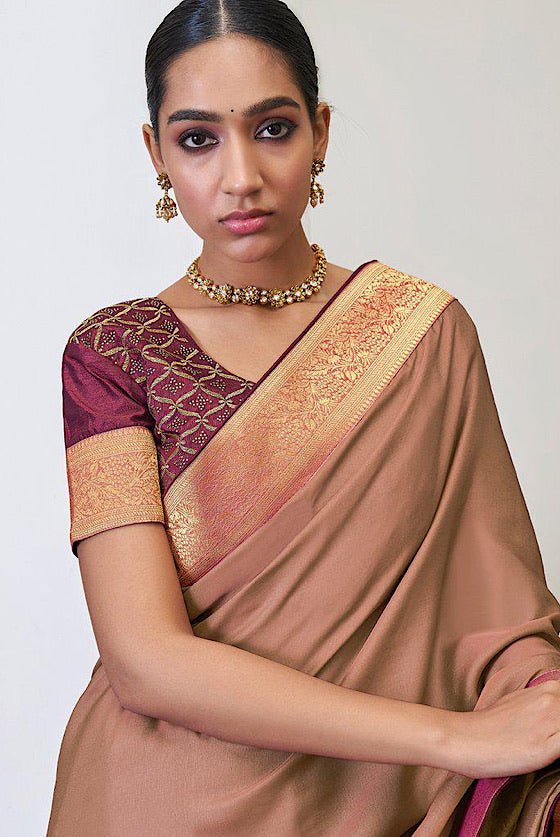 Hazel Brown Banarasi Silk Saree With Embroidered Brocade Blouse