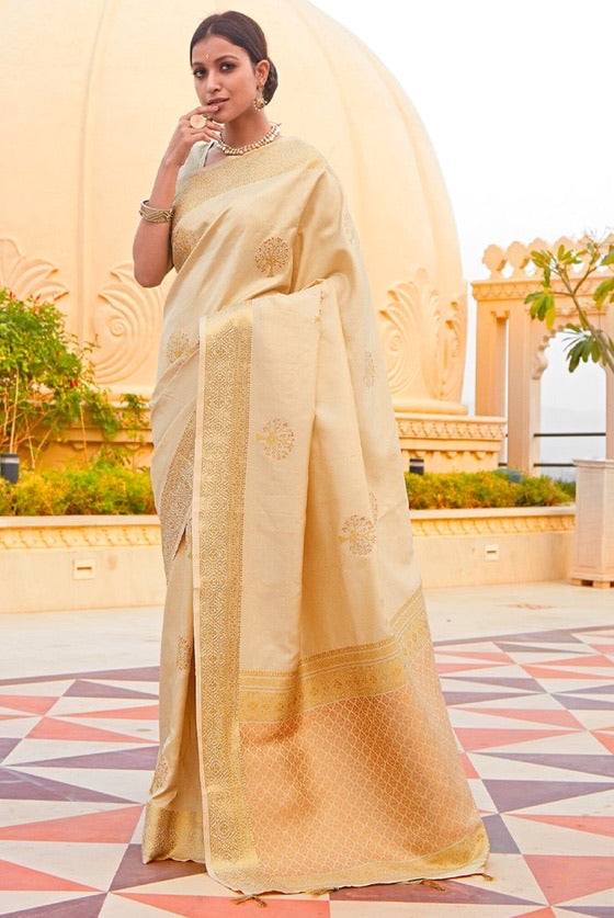 Beige Golden Woven Banarasi Silk Saree