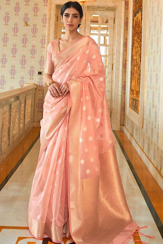 Flamingo Peach Zari Woven Banarasi  Linen Silk Saree