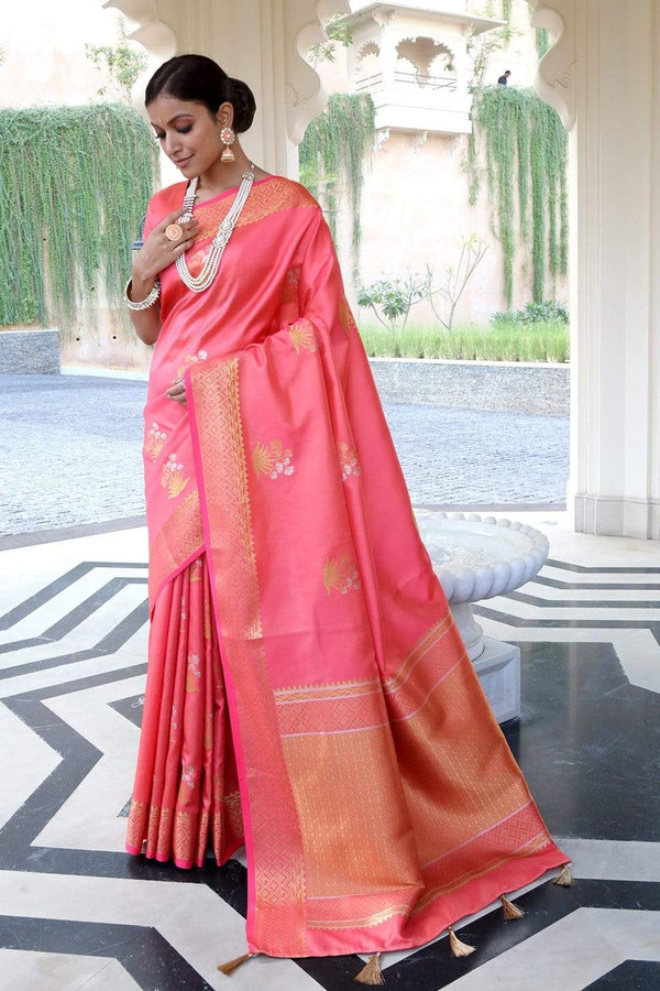 Strawberry Pink Woven Banarasi Saree