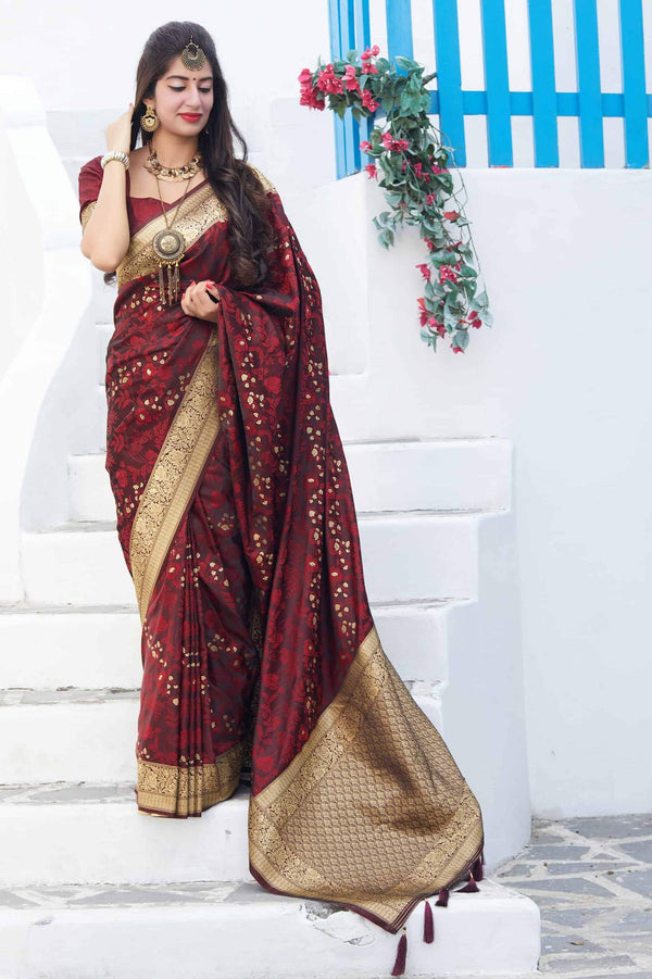 Deep Maroon Zari Woven Satin Katan Banaras Saree