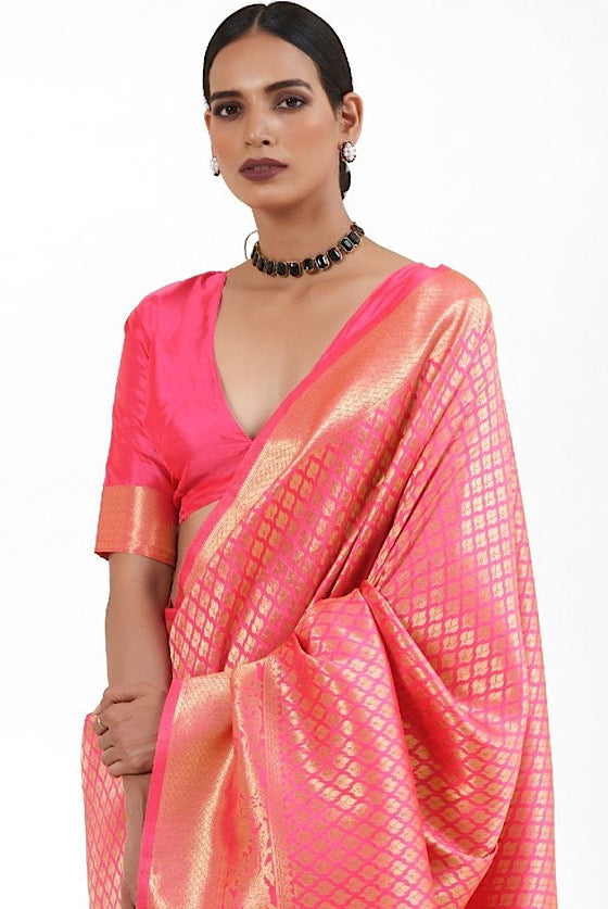 Vivid  Pink Zari Woven Kanjivaram Silk Saree