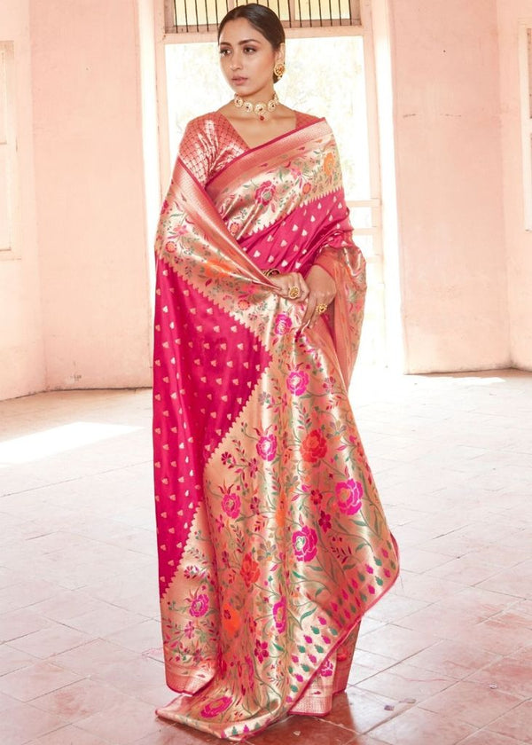 Cerise Pink Woven Paithani Silk Saree