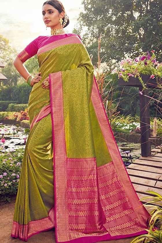 Pistachio Green With Pink Woven Kanjivaram Silk Saree