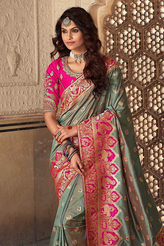 Metallic Green Designer Banaras Zari Woven Silk Saree