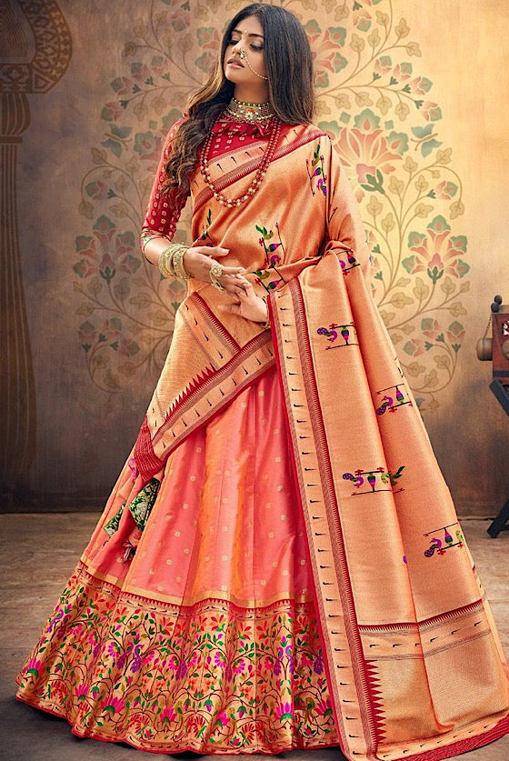 Peach Paithani Silk Lehenga Choli With Banarasi Paithani Dupatta