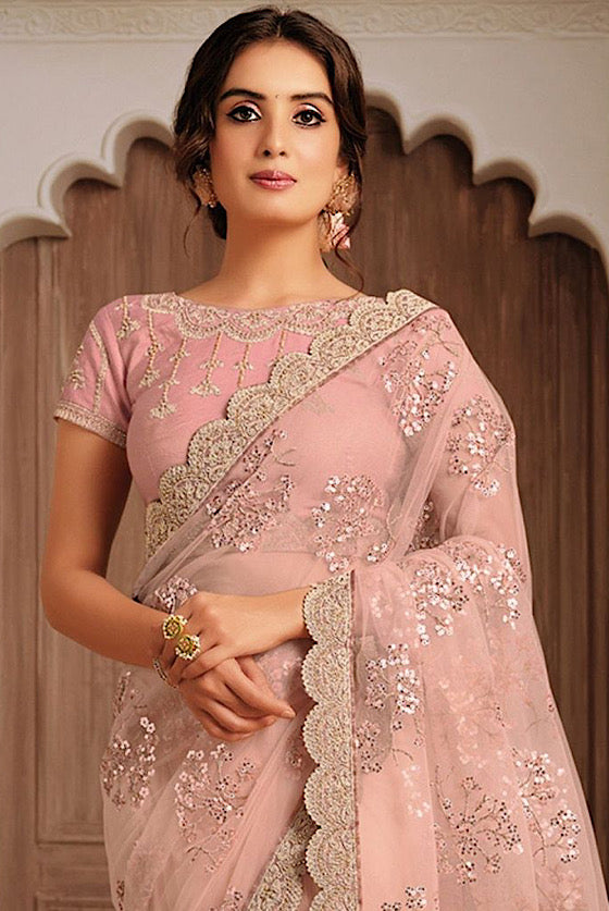 Flamingo Pink Net Designer Saree With Sequins & Coding Work .