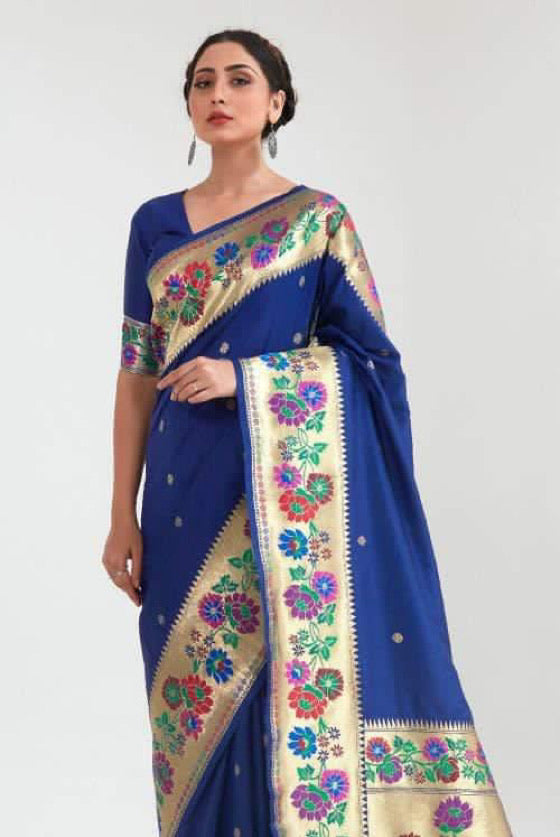 Navy Blue Zari Woven Paithani Silk Saree