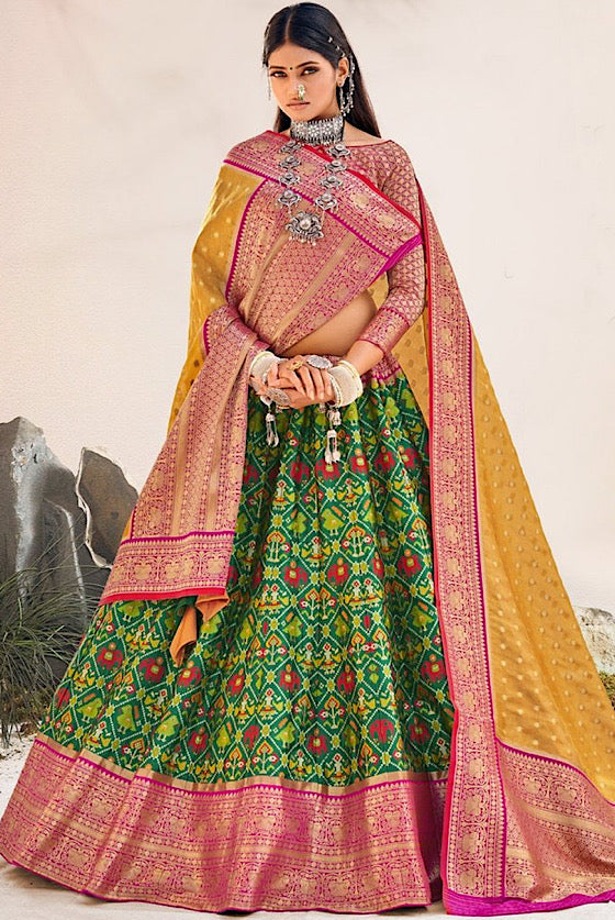 Forest Green Patola Lehenga With Kanjivaram Border & Dupatta