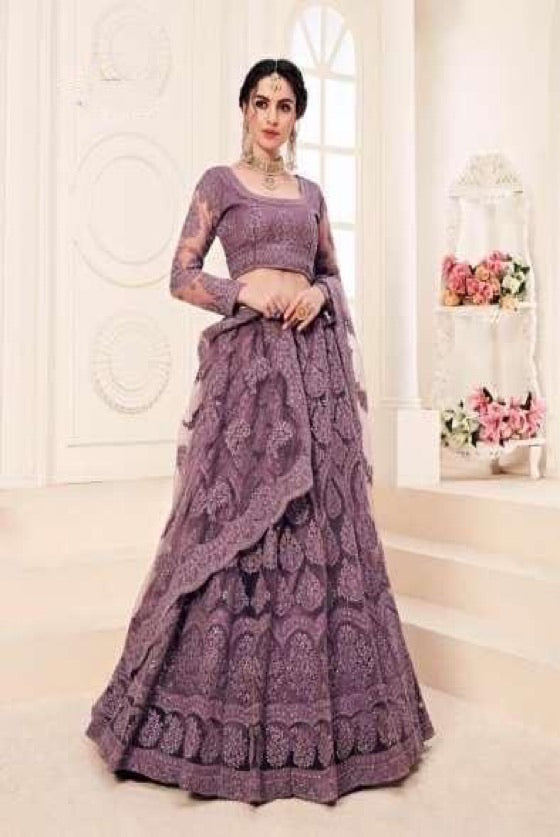 Purple Embroidered Net Lehenga Choli