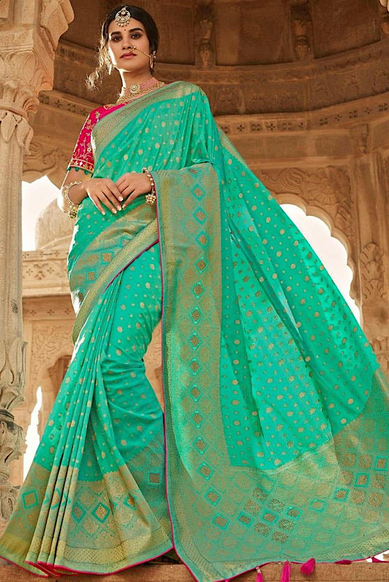 Jungle Green Zari Woven Banarasi Saree With Embroidered Blouse