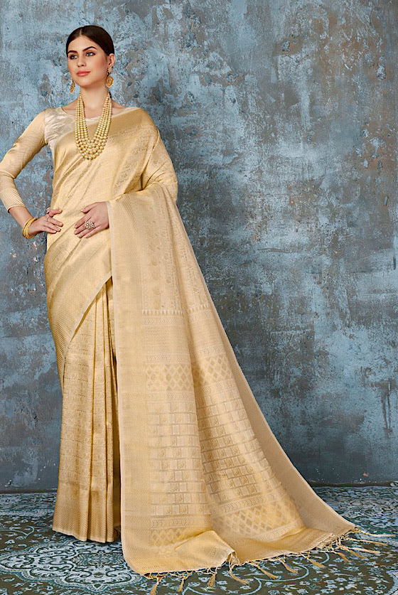 Cream Gold Zari Woven Kanjivaram Silk Saree