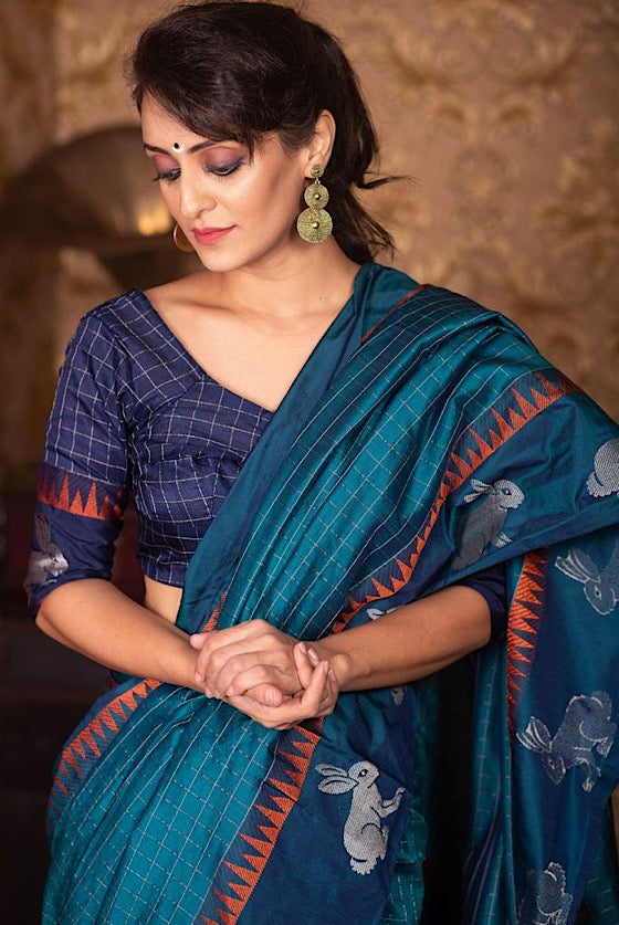 Ocean Blue Raw Silk Saree With All Over Zari Checks