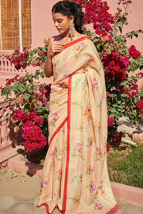 Ivory Brown Floral Printed Satin Georgette Saree