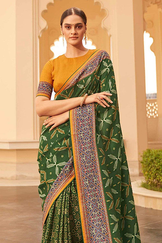 Dark Green Designer Printed Silk Saree