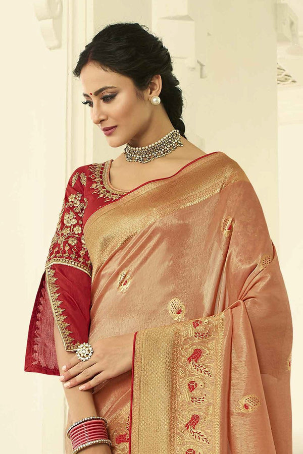 Peach Gold  designer banarasi saree with embroidered silk blouse