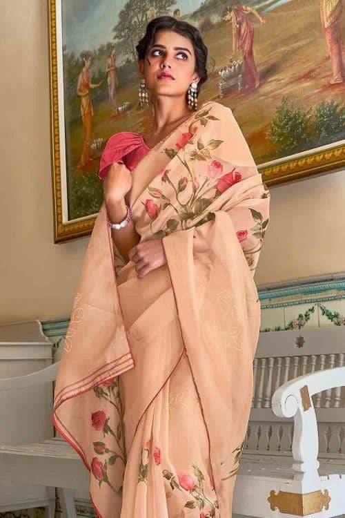 Peach Pink Organza Floral Saree