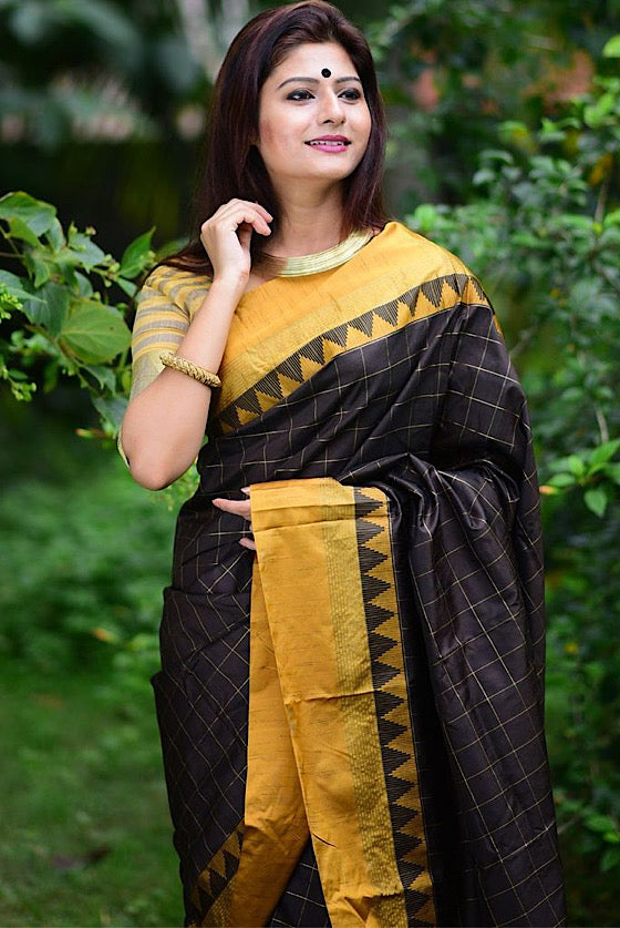 Ebony Black Raw Silk Saree With All Over Zari Checks