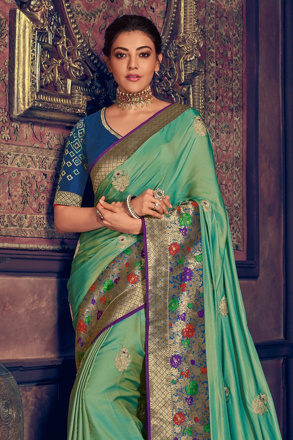 Teal green woven paithani saree