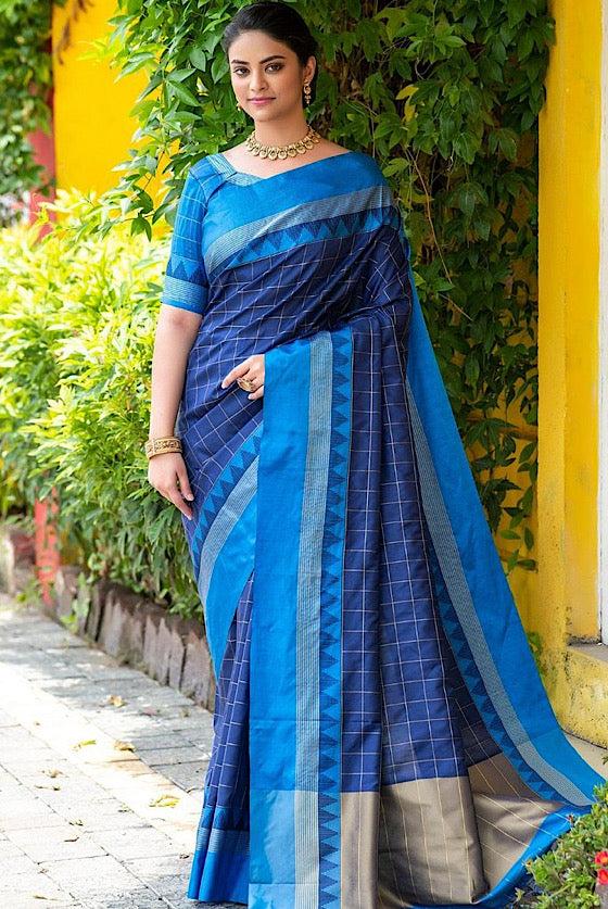 Royal Blue Raw Silk Saree With All Over Zari Checks