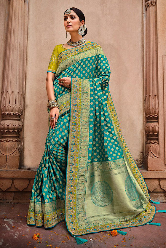 Turquoise Blue Embroidered Blouse Banarasi Saree