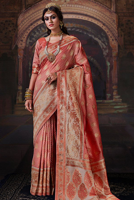 Peach Zari Woven Banarasi Silk Saree