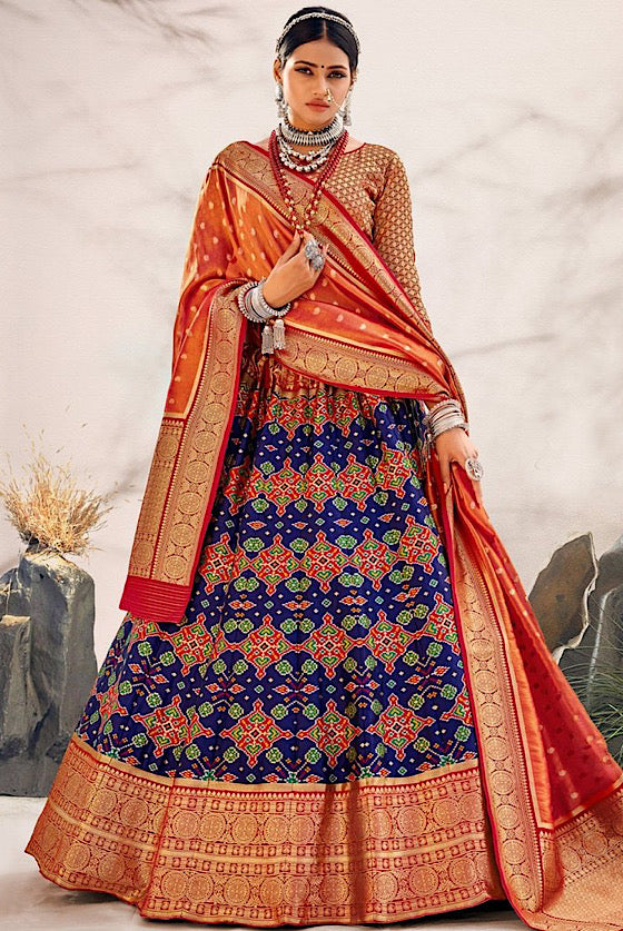 Blue Patola Lehenga With Kanjivaram Border & Dupatta