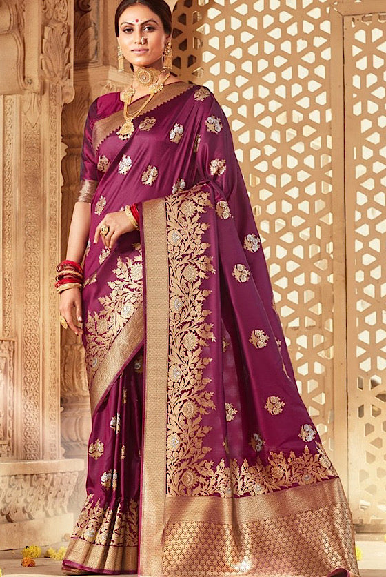 Dark Purple Zari Woven Wedding Banarasi Silk Saree