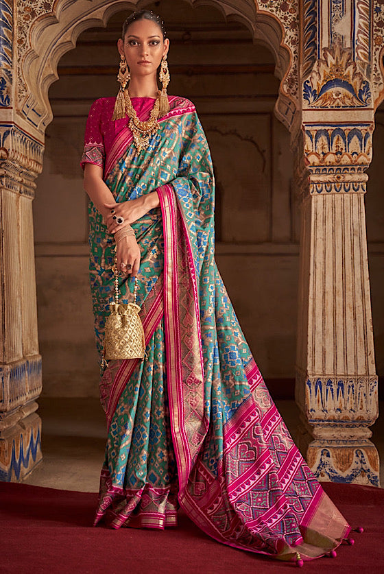 Cyan Blue And Pink Patola Silk Saree