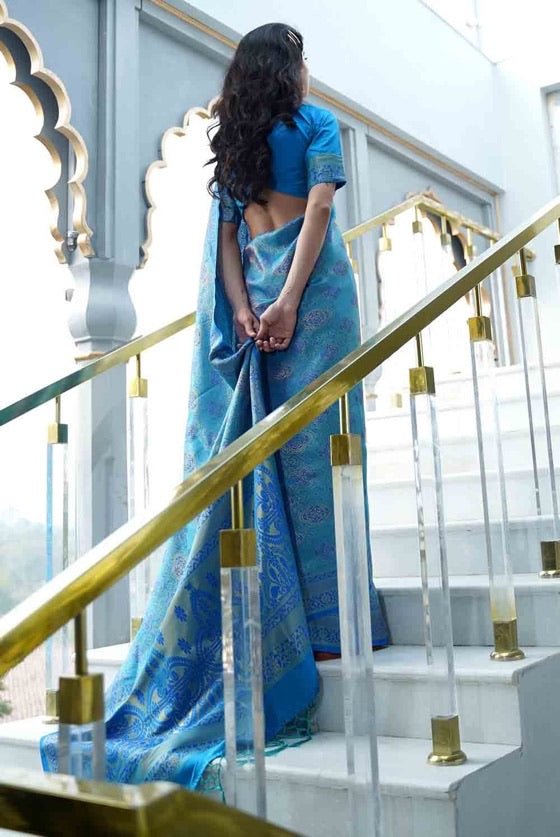 Olympic Blue Kanjivaram Saree