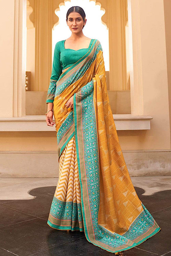 Cream Yellow Designer Printed Silk Saree