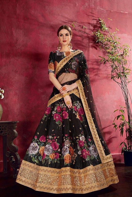 Beautiful Black Floral Silk Lehenga To Celebrate Weddings..