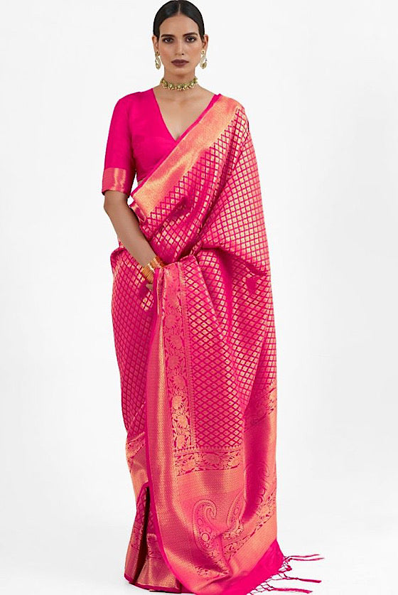 Magenta Pink Zari Woven Kanjivaram Silk Saree