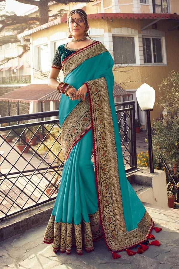 Beautiful Olympic Blue Zari Woven South Silk Saree