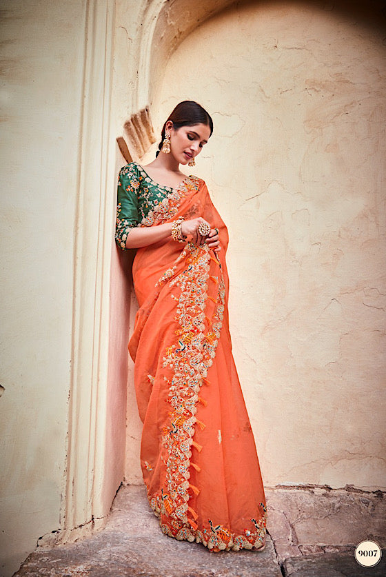 Orange Organza Saree With Designer Blouse