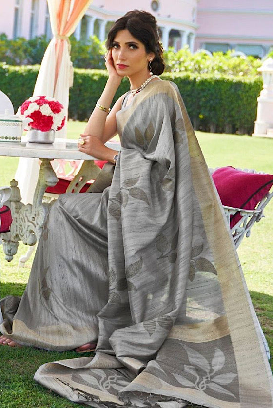 Grey Woven Banarasi Chanderi Fusion Silk Saree