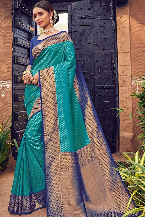 Ocean Blue With Navy Blue Woven Kanjivaram Silk Saree