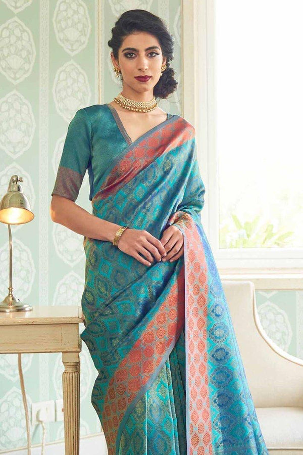 Olympic Blue Beautiful Woven South Silk Saree