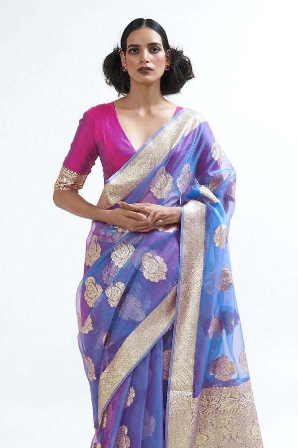 Metallic Blue Zari Woven Organza Silk Saree.