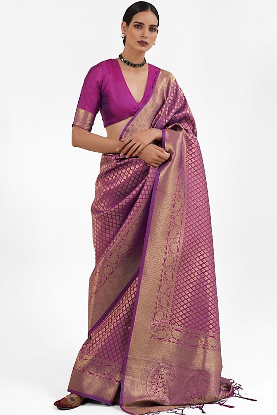 Golden Purple Zari Woven Kanjivaram Silk Saree