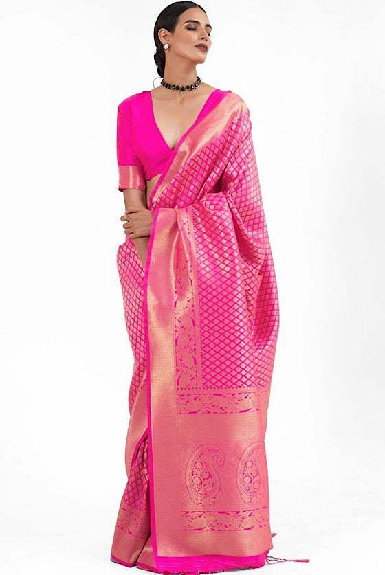 Hot Pink Zari Woven Kanjivaram Silk Saree